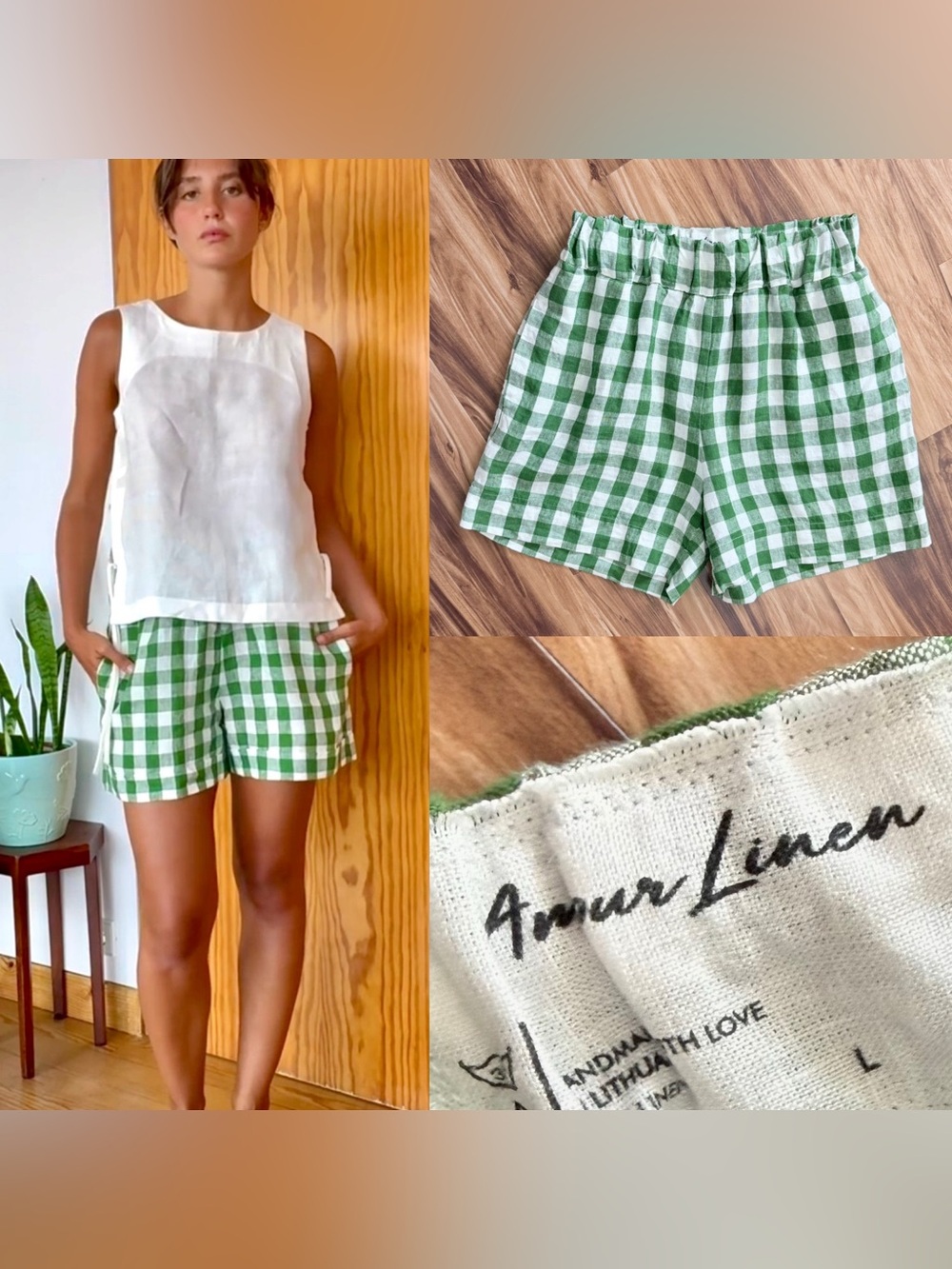 💚 Amour Linen %100 Linen Green and White Gingham Check Shorts